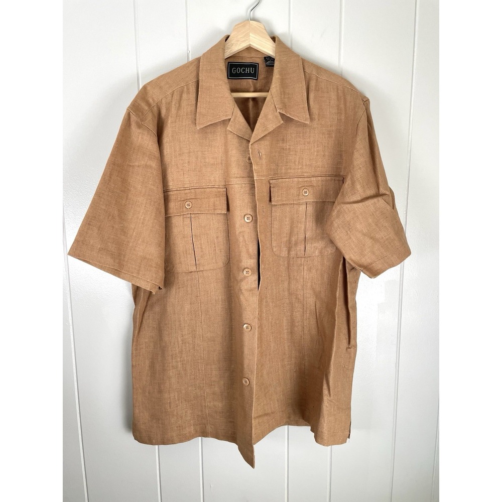 Gochu Linen Menta‎ Button Down Short Sleeve Collard Shirt Brown Size Large